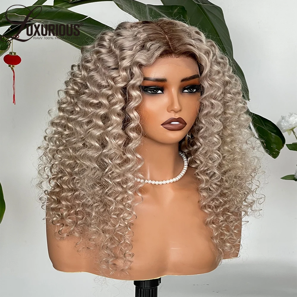 5x5 Glueless Ash Blonde Colored Bouncy Curly Human Hair Wigs For Women 13x413x6 Loose Curly Transparent Lace Frontal Wigs 250%