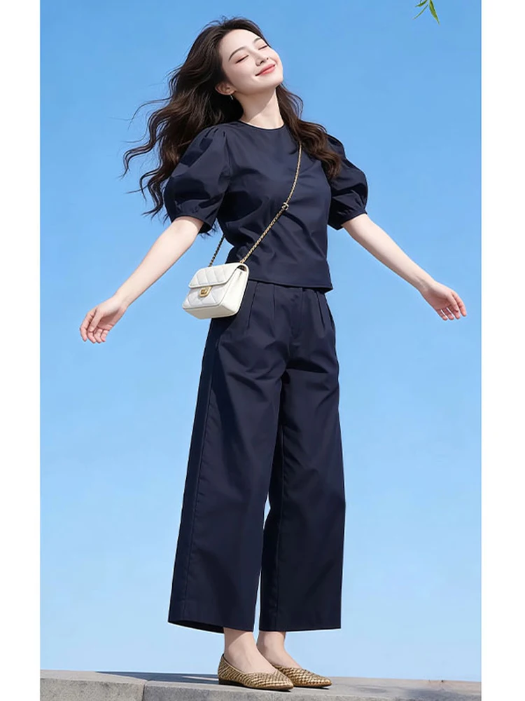 

Summer Anti-Aging Women's Fashion Set round Neck Loose Short Sleeve Shirt Casual Pants Two-Piece Set Comfortable High-End Feel