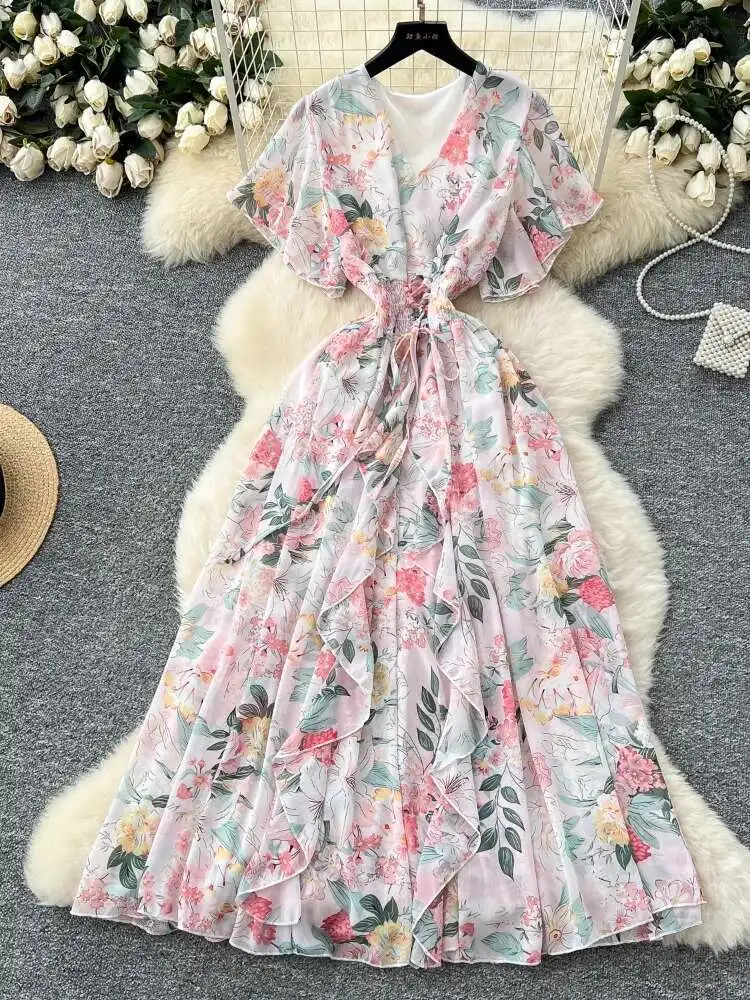 

Летнее повседневное платье с цветочным принтом, женское французское шифоновое платье с v-образным вырезом и летящими рукавами, женское тонкое повседневное длинное платье трапециевидной формы