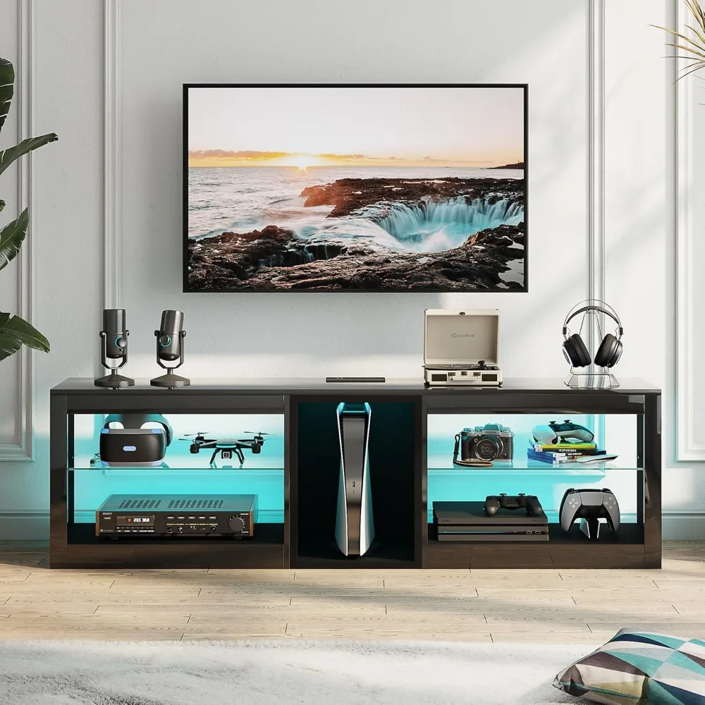حامل تلفزيون LED عالي اللمعان مقاس 63 بوصة مع مخرج طاقة لتلفزيون 70 بوصة، ومركز ترفيه الألعاب لجهاز PS5، وحدات تحكم تلفزيون مع ضبط
