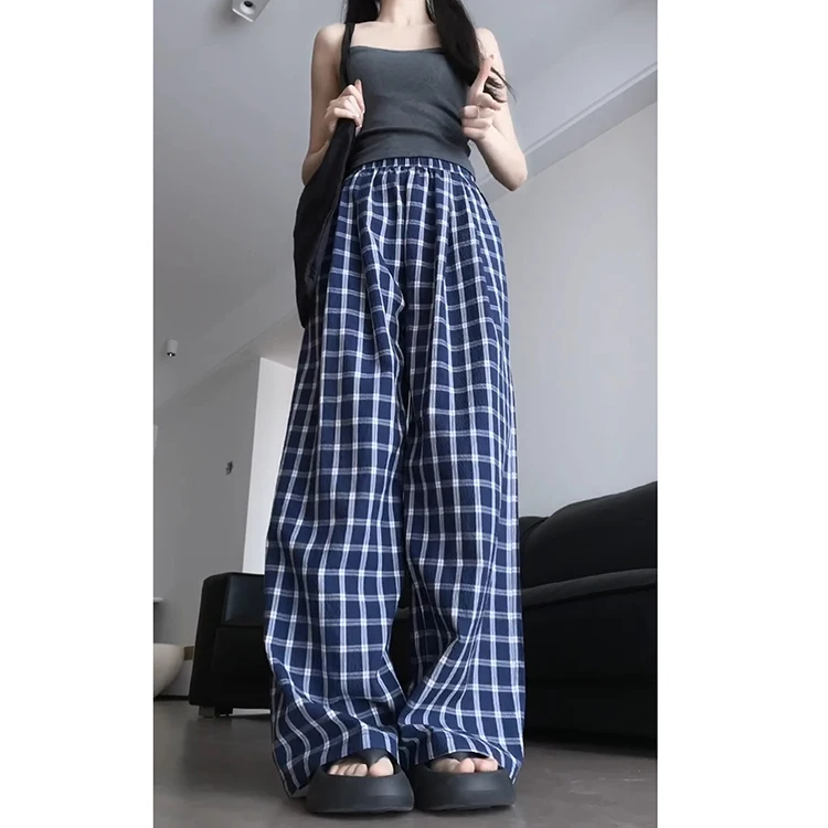 Pantaloni larghi larghi scozzesi retrò bianchi blu Pantaloni estivi da donna sottili nuovi Sle Pantaloni casual a gamba dritta Pantaloni lunghi a vita alta