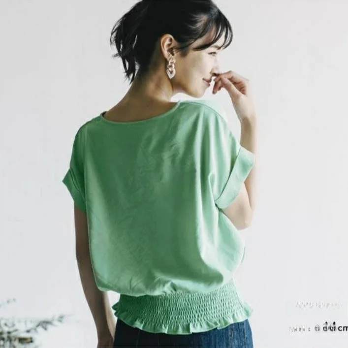 

Breathable V-Ne Pure Color Versatile Slimming Summer New Sle Women's Top Casual Waist-Cinching Polyester Cotton Blend