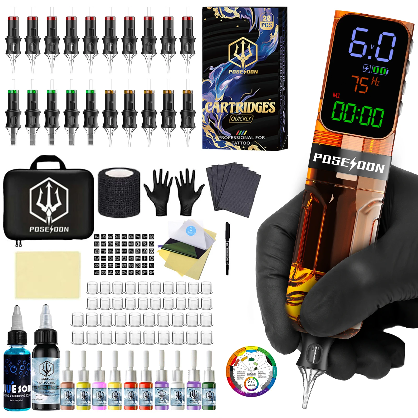 

POSEIDON Tattoo Kit V5 with Large Color Screen Tattoo Pen Kit for Permanent Makeup Tattoo Machine Kit tattoo kit full set
