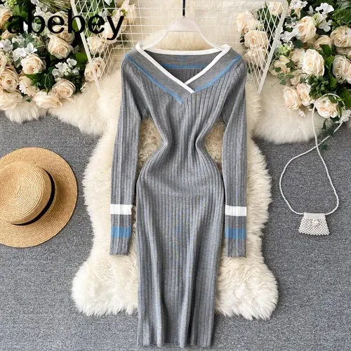 Spring Colorblock Elegant Pencil Dress Women V Neck Elastic