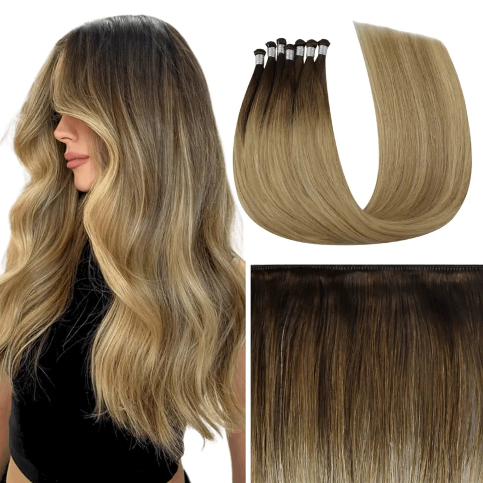 YoungSee Virgin Hand Tied Hair Weft Balayage Color Silky Straight 100% Human Hair 14-24Inch  For Thinning Hair 12Months