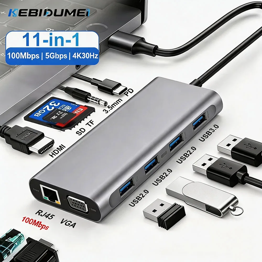KEBIDUMEI 11 in 1 USB C Hub Type C to 4K HDMI 1080P VGA 100Mbps Ethernet SD TF USB 3.0 5Gbps Docking Station for Laptop Macbook
