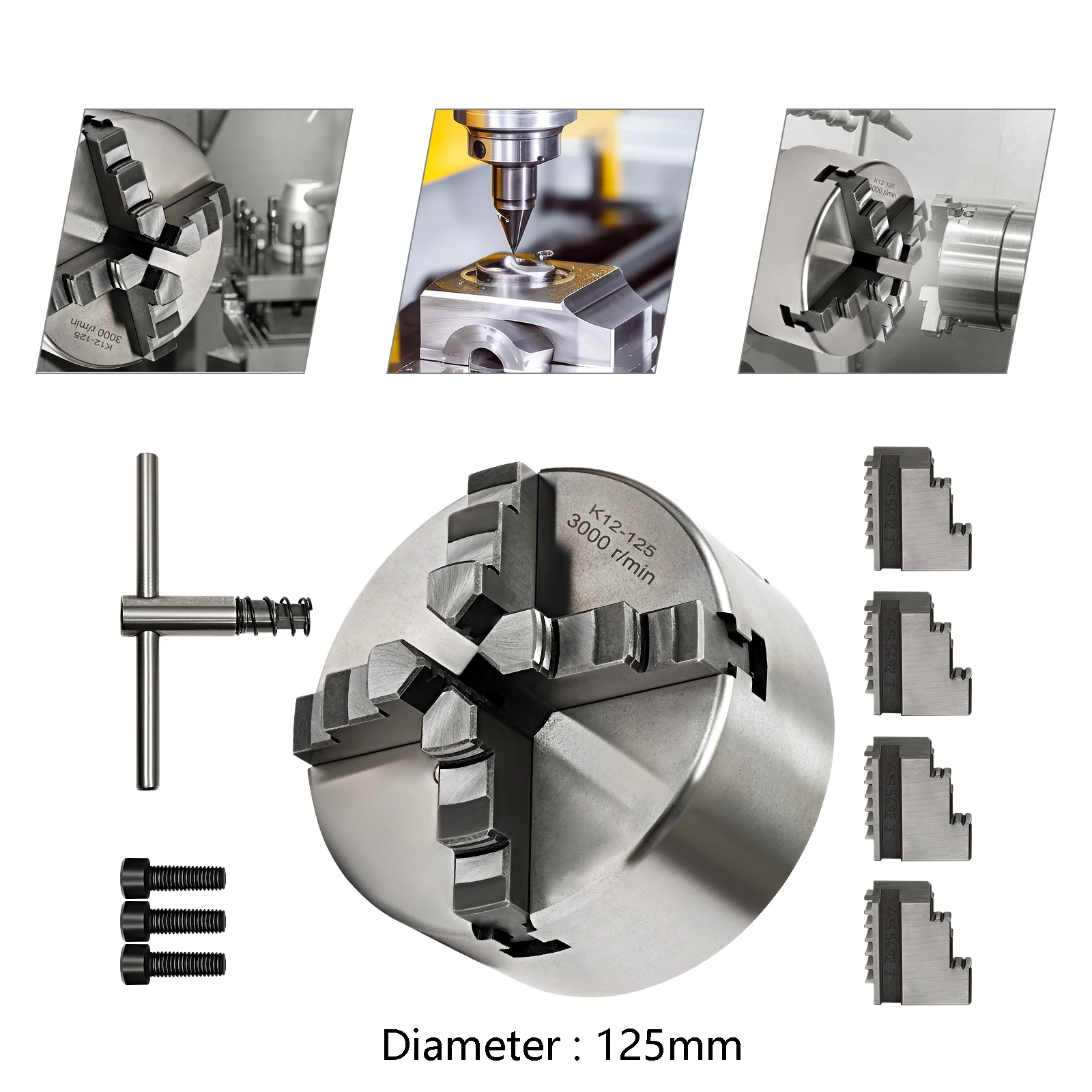 Mandrin auto-centrant à 4 mâchoires 80mm/100mm/125mm, ensemble d'outils de mandrin de tour réglable avec clé pour le serrage, le fraisage, le perçage et le tournage