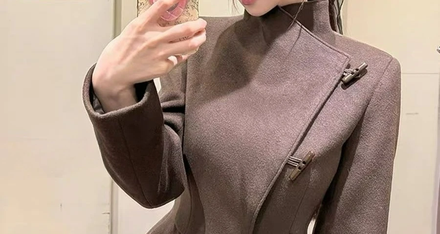Corner Button Woolen Jacket for Women's Autumn and Winter Models, High-end Retro Lapel Waist Jacket