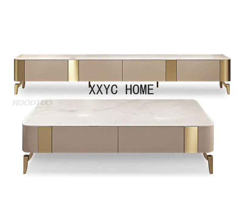 TV Cabinet Solid Wood Drawers Living Room Furniture In White Light Luxury Rock Panels Countertop 1.3m Rectangle Coffee Tables