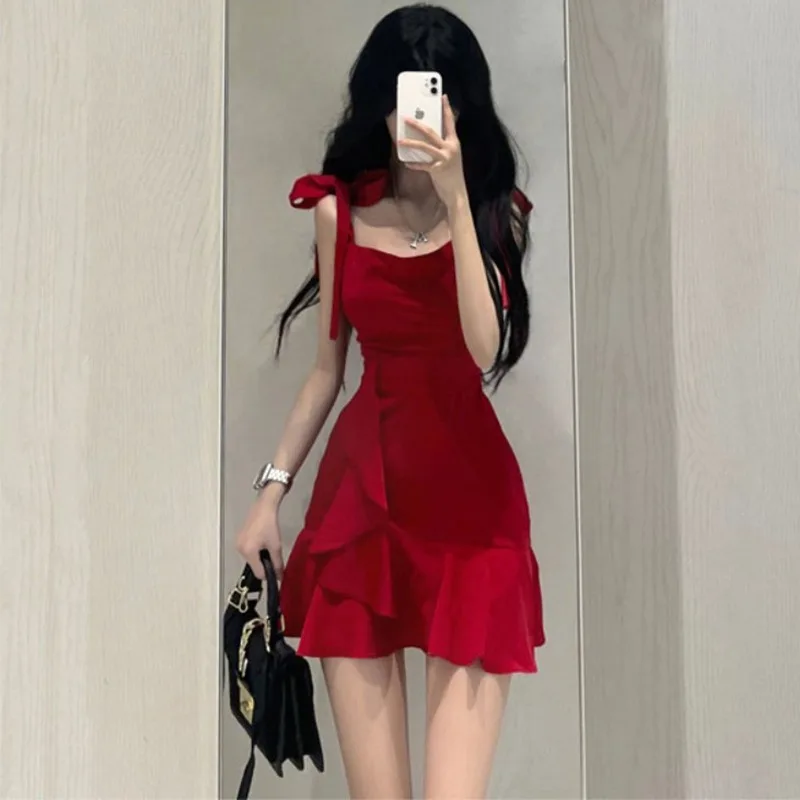 Red Dresses Women Summer Sleeveless Flounced Edge Lace-up Slim Abdomen Loose Slim Elegant Temperament Cozy Fashion Sexy Newest