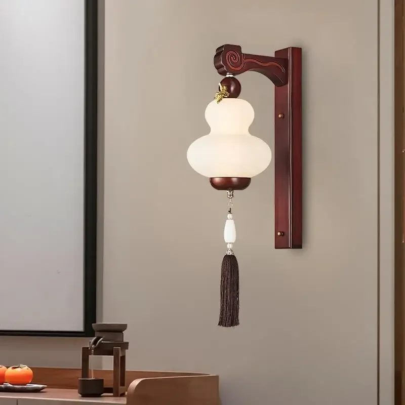 New Chinese style living room wall lamp solid wood gourd lamp