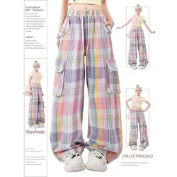 Girls Cargo Pants Y2k Streetwear Overalls Women's Spring Fashion Colorful Plaid Multi Pocket Sweet Cool Straight Wide Leg Pants