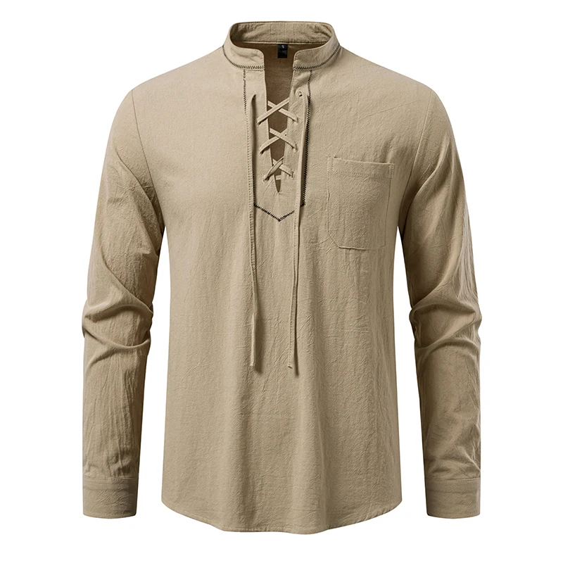 Vintage Clothing Man Cotton Shirts Chemises Hommes Cowboy Drawstring Embroidery Designer Medieval Pirate Costume Mens Shirts