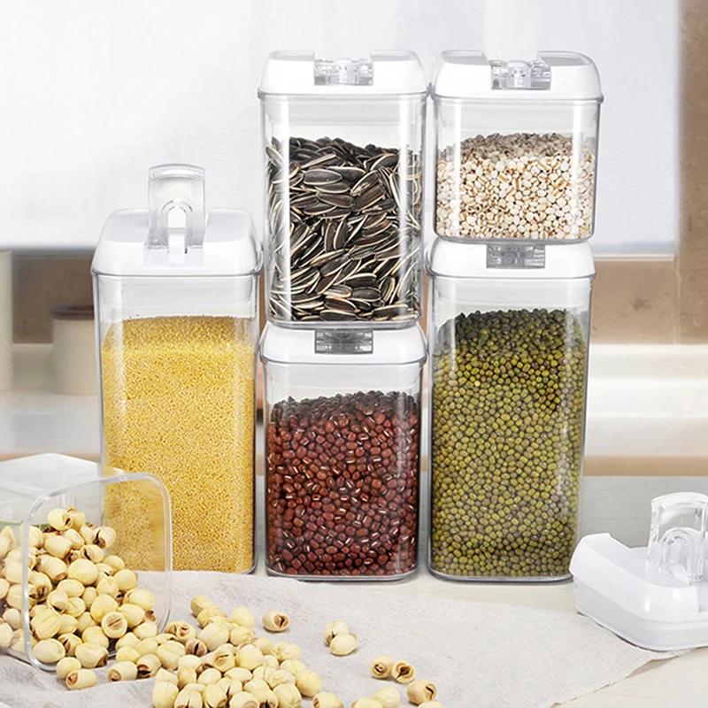 1set Kitchen Sealed Jar Plastic Seasoning Box Organizer Stackable Food Storage Box Multigrain Tank with Lid Cereals Container