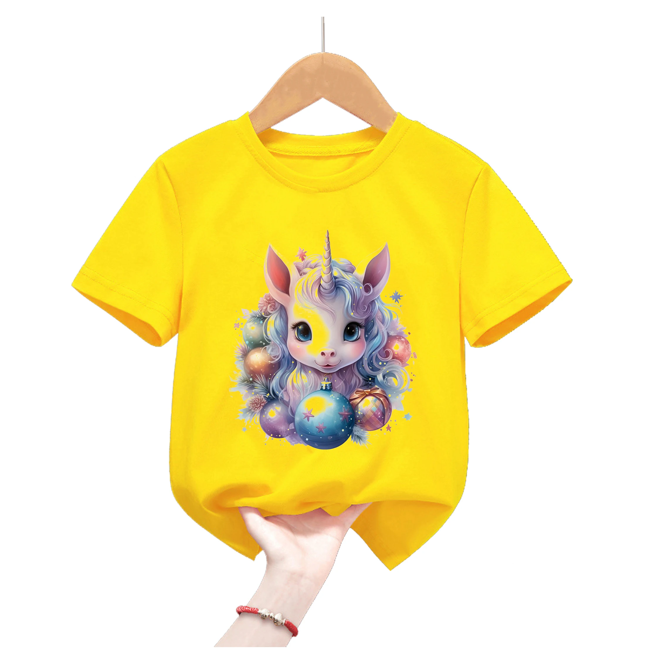

Желтая футболка с акварельным принтом единорога и животных для девочек и мальчиков, кавайная детская одежда в стиле Харадзюку, летние топы, футболка с коротким рукавом