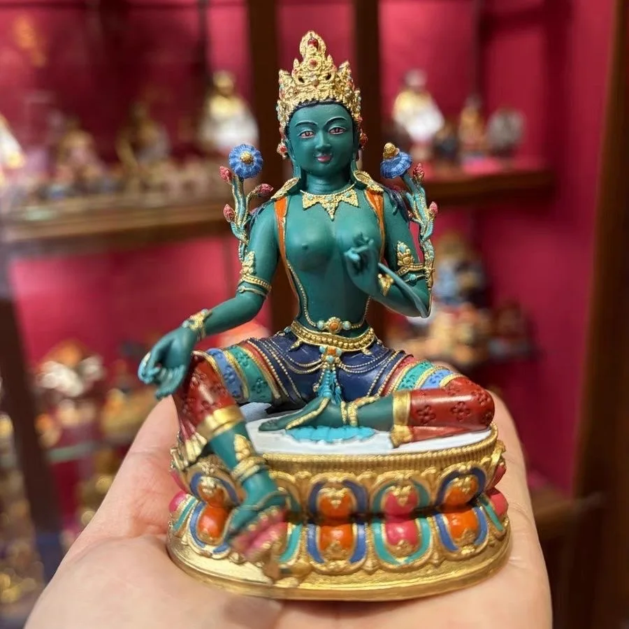 Special offer Exquisite copper carving painted Buddha statue Buddha Mother Green Tara Buddhist family deity worship 10CM
