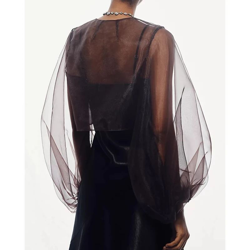 Women's Sheer Mesh Y2k Shrug Organza See Through Bolero Cardigan Crop Puff Long Sleeve Open Front Shawl Cape Shoulder Cover-ups