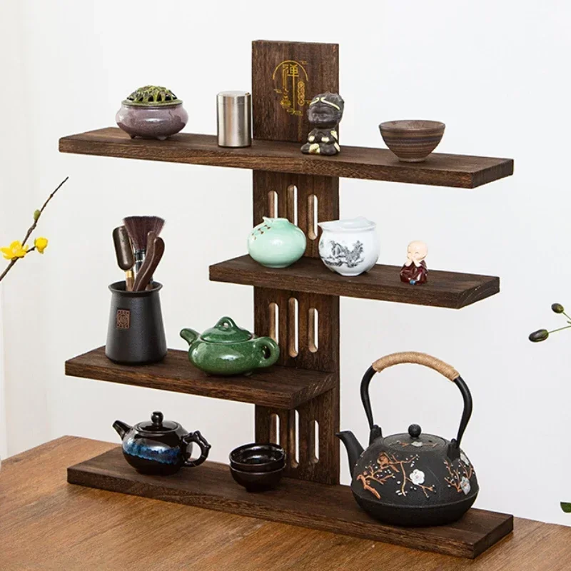 

Chinese Style Retro Desktop Storage Holders Wooden Small Tea Cup Teaset Purple Clay Pot Display Shelf, Antique Stand, 3-4 Layers