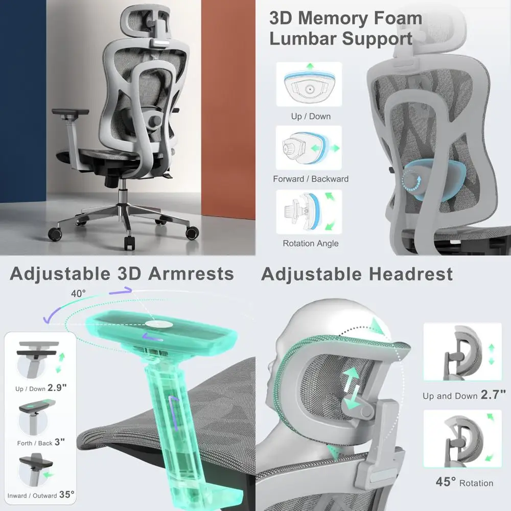 

Ergonomic High-Back Mesh Office Chair with 3D Adjustable Armrests, Thoracic and Lumbar Support