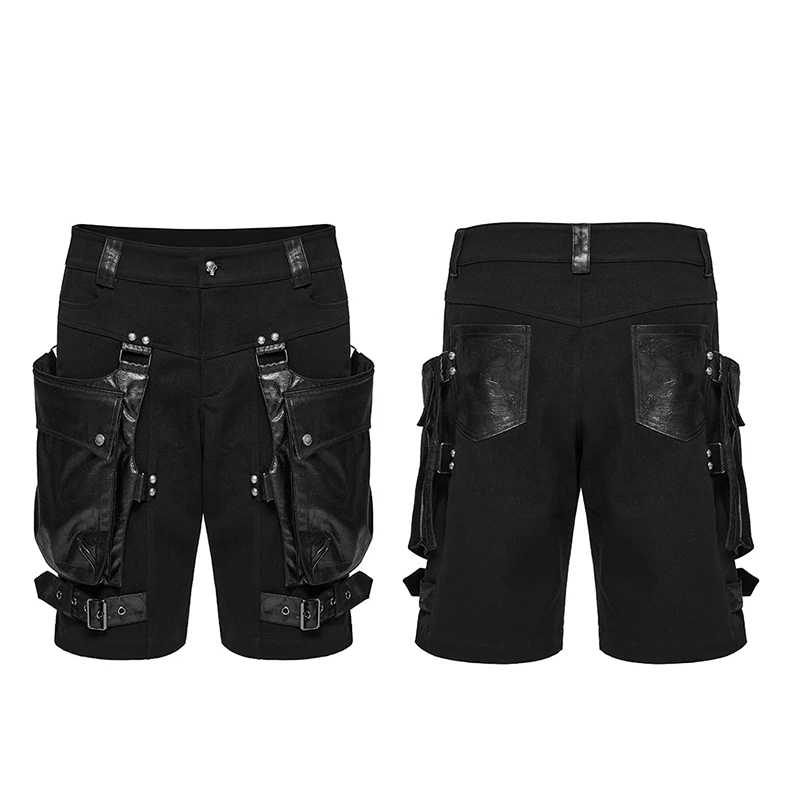 PUNK RAVE Men's Punk Twill Woven Wrinkled Faux Leather Shorts 3D Oversized Pockets Visual Impact Cool Casual Trousers