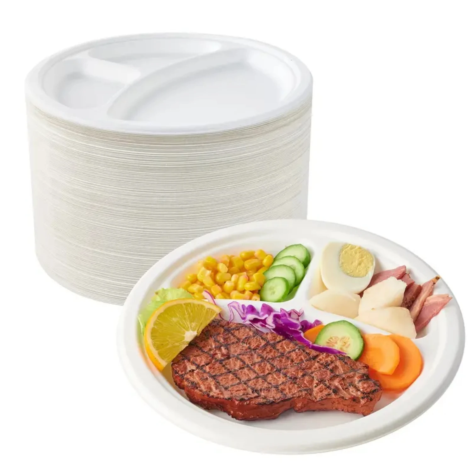 Disposable Party Dinner Paper Plates, 3-Compartment Plates, Pack of 50 Sturdy Paper Plates for BBQ, Picnic, and Events