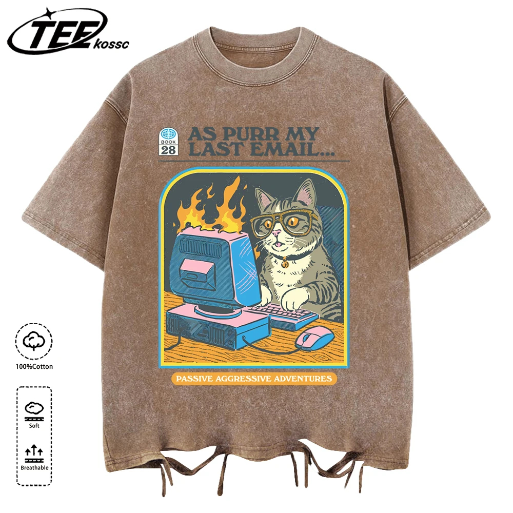 Cat Playing Computer Gamesprinting Retro Tee Shirt Mens All-Match Cotton T-Shirt Sport Clothes Washed Holes Short Sleeve