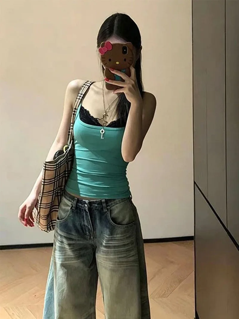 Korean vintage style spicy girl lace fake two piece joy mint green top with camisole slim fit and giant slimming vest camisoles