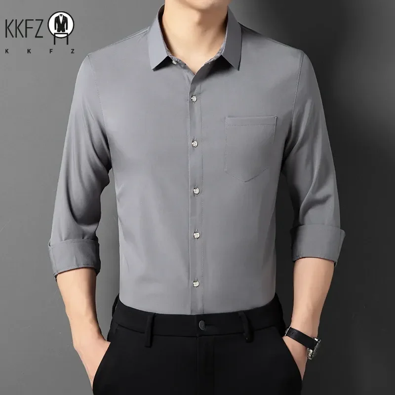 Men's New Casual and Fashionable Long Sleeved Shirt with Pockets Comfortable Wrinkle Resistant and Iron Free Collared Shirt