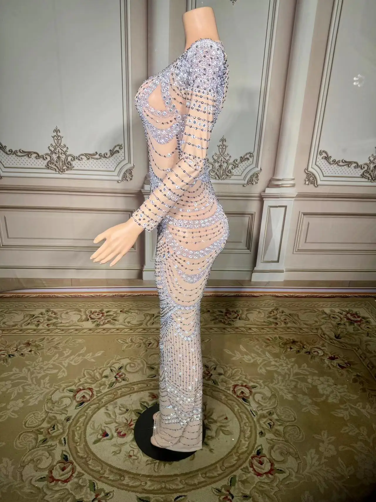 Silver Ear Slim Fitting Two-Piece Set With Sparkling Diamond Patchwork Patterns Tassels Sexy Nightclubs Bars Performance Costume