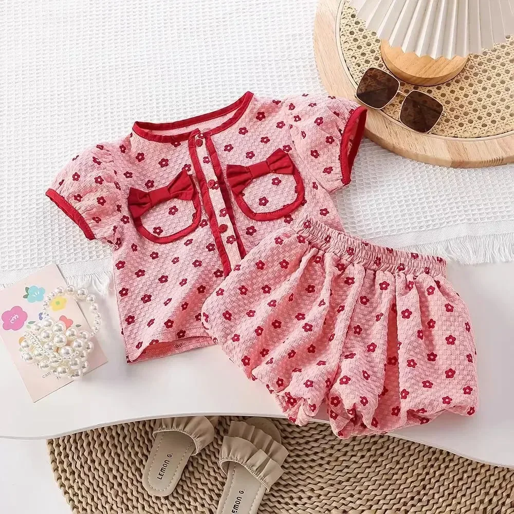 2024 Sommer neu in Kinder Baby Mädchen Kurzarm Blume Bogen Top Mantel Shorts Kinder Kleidung Set 2 stücke 3-8y