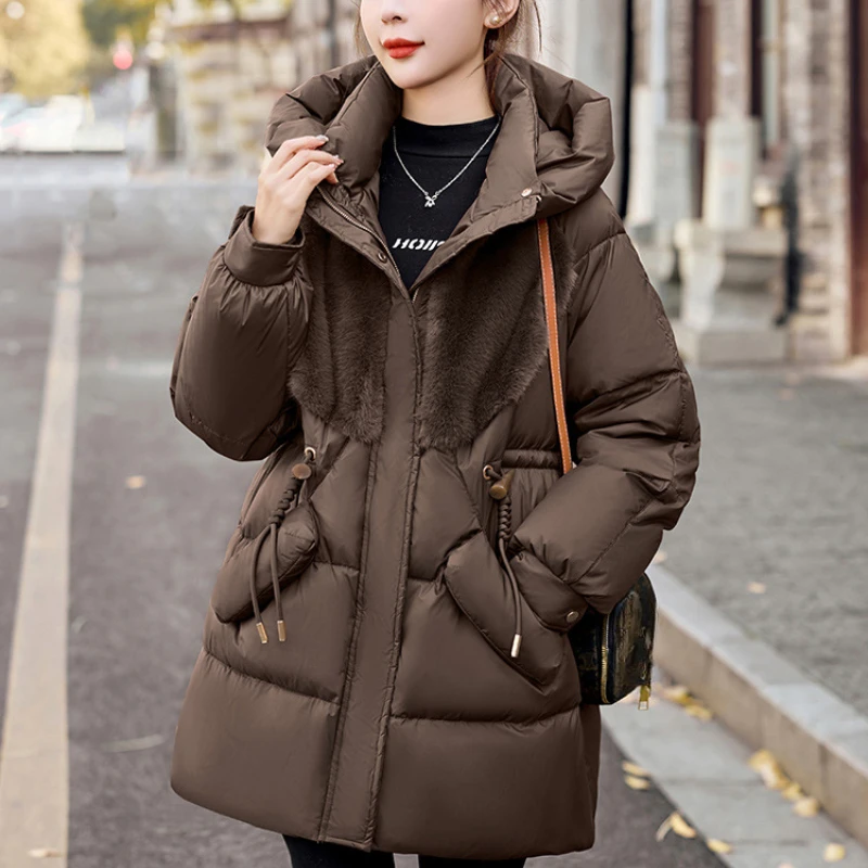 

Winter New Down Coats Jacket for Women Horn Button Patchwork Stylish Pocket Outerwears Thick Warm Snow Mid-length Down Jackets