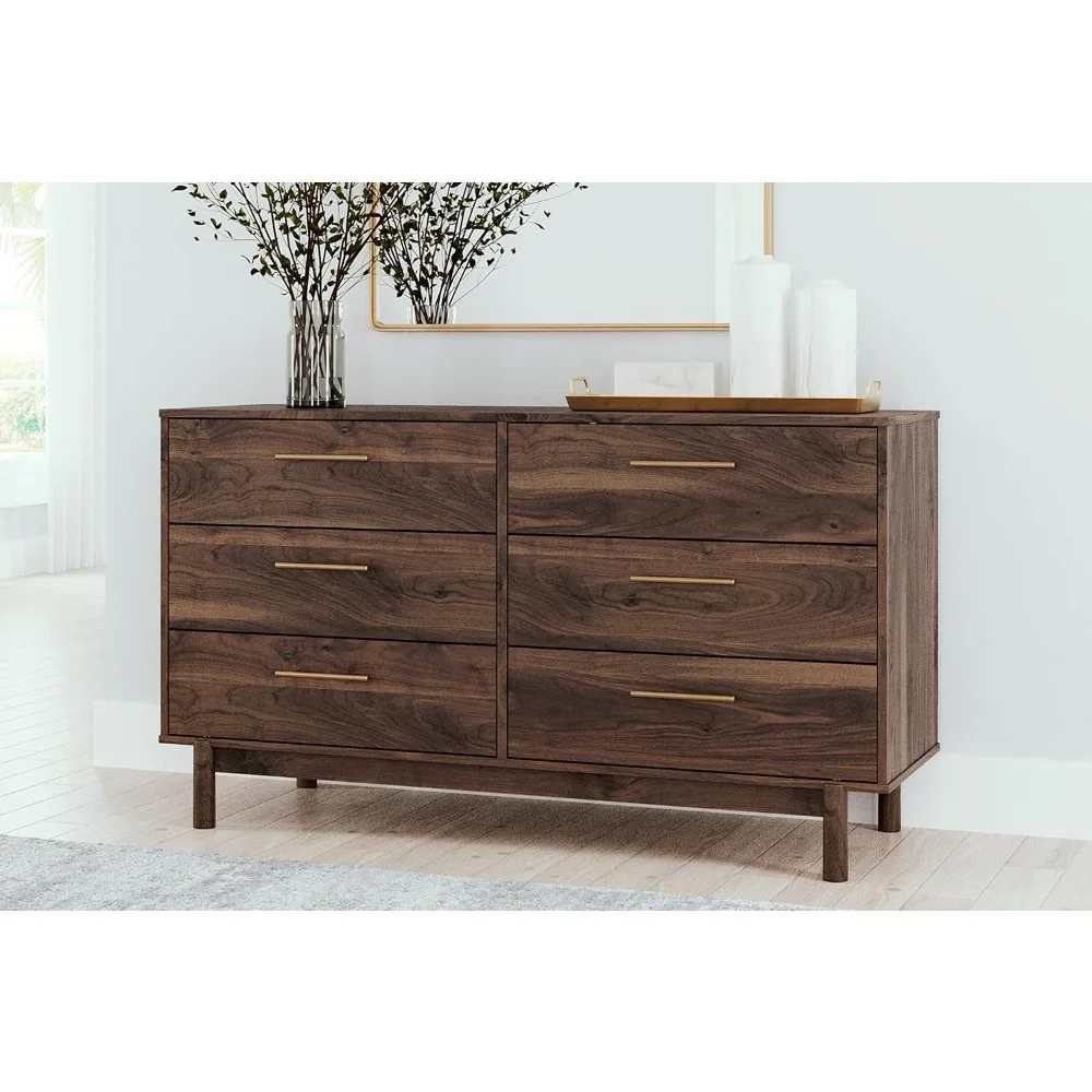 Calverson Contemporary 6 Drawer Dresser with Burnished Goldtone Pulls, Dark Brown