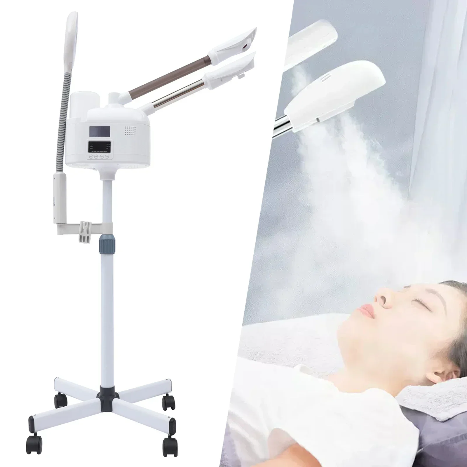 Professional 3 in 1 Facial Steamer Beautician Steamer Deep Cleaning w/Hot and Cold Nozzle LED Magnifying Lamp  Salon Spa