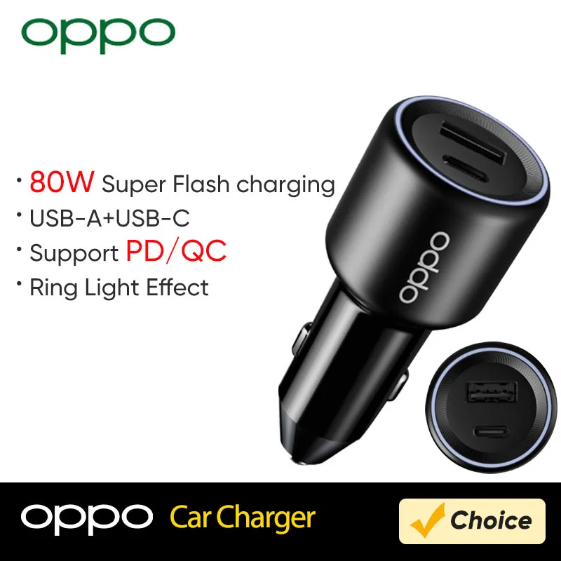 OPPO 80W Car Charger USB-A+USB-C Fast Charging Car Phone Adapter for iPhone 14 13 Oneplus realme vivo Samsung S22 Quick Charge