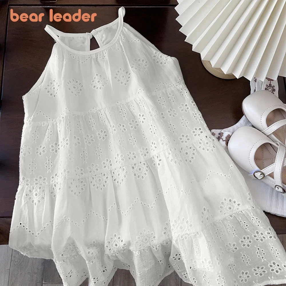 Bear Leader Cut-out Design Girl\'s Dress 2023 Summer Little Girl Fashion Sling White Holiday Medium Length Vest Dress Girls Dress