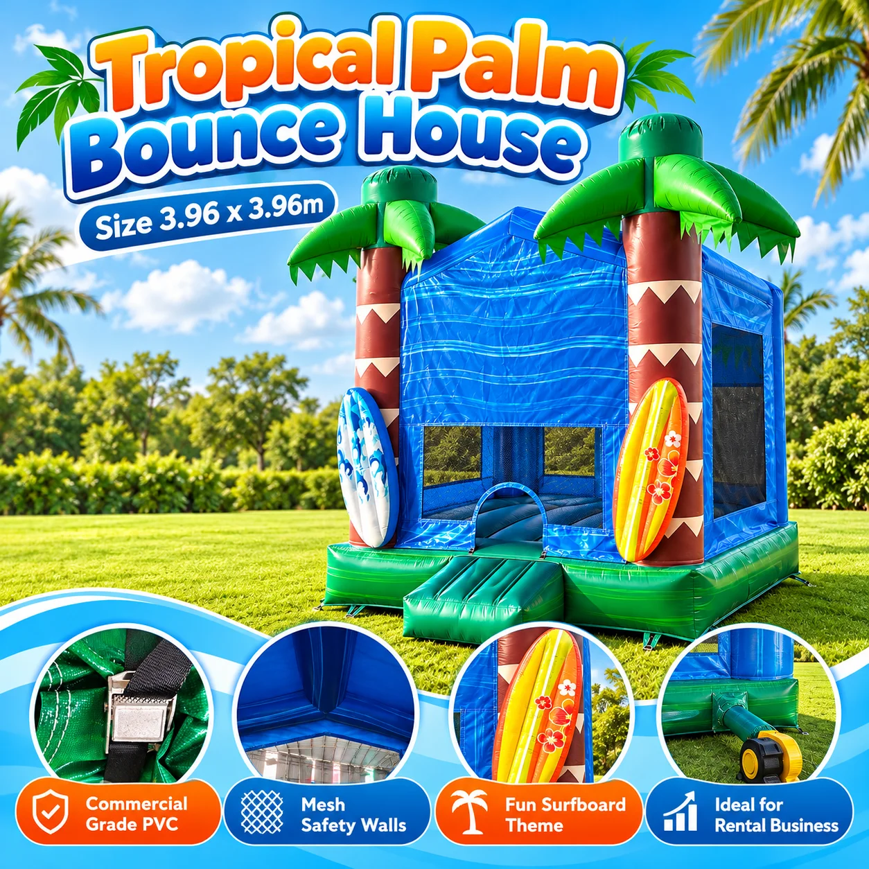 Tropical Palm Tree Inflatable Bounce House, Bouncy Castle with Basketball Hoop for Kids Party, Commercial Grade