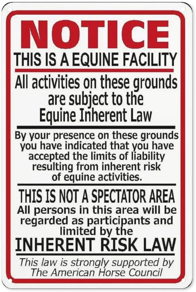 Supplemental Equine Liability Tin Sign Warning Statute Horse Barn Stable 8X12 Inches