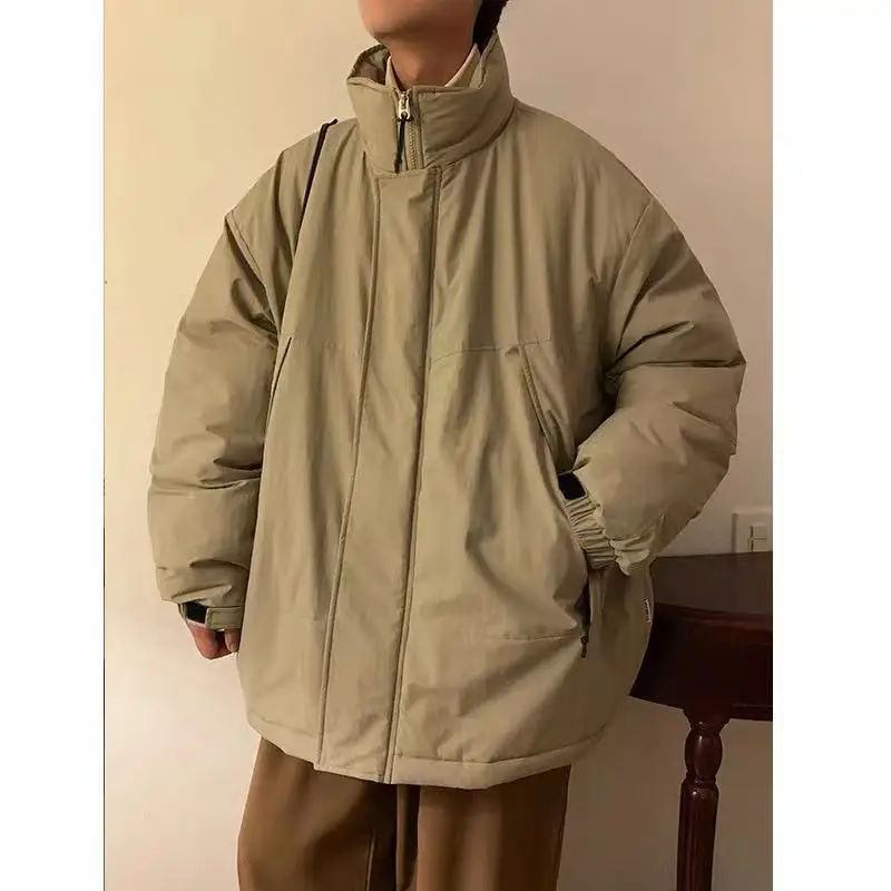 Japanese Cityboy Stand Collar Padded Jacket Men's Winter Thick Warm Loose Cotton Jacket Khaki Simple High Street Solid Parkas