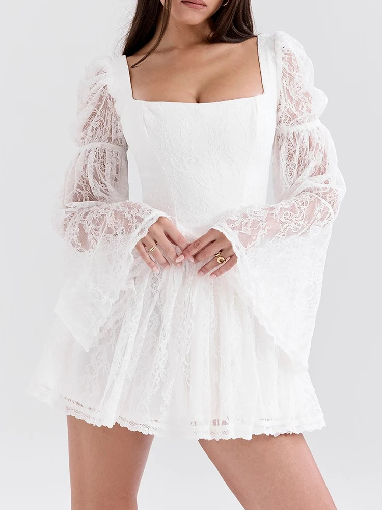 GypsyLady Lace Embroidery Chic Mini Dresses Autumn Spring Elegant Bow Long Flare Sleeve Sheer Sexy Party Women Ladies Dress New