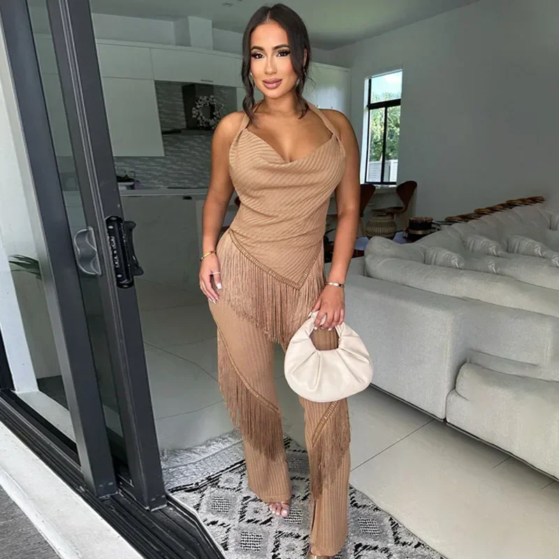 Sexy Club Party Two Piece Set for Women Elegant Halter V-neck Backless Tassel Top and Pants Matching Sets Birthday Outfits Y2K