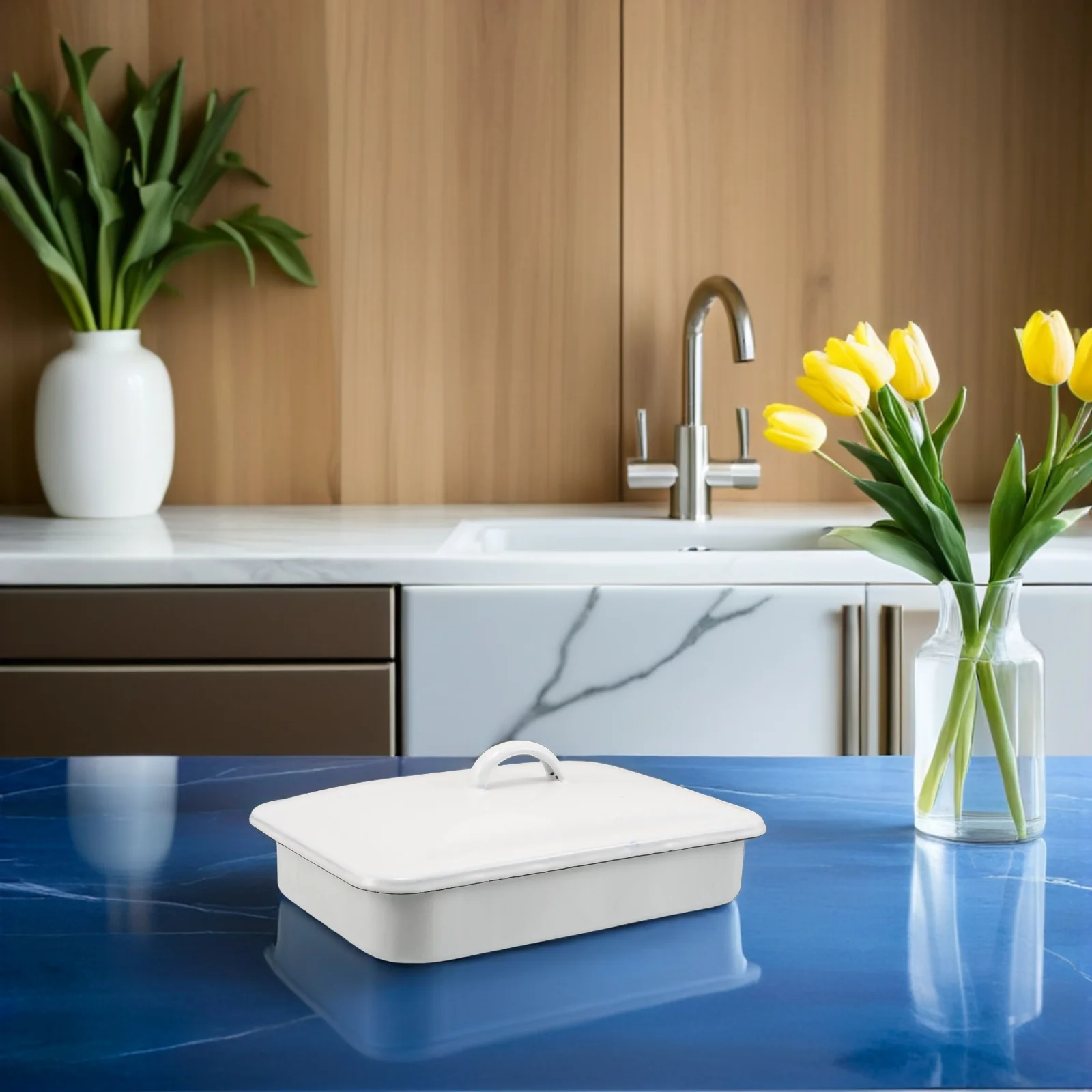 صينية تحميص بالمينا مع غطاء، صينية خبز مستطيلة غير لاصقة، آمنة للفرن، آمنة للاستخدام في غسالة الأطباق لخضروات اللحوم