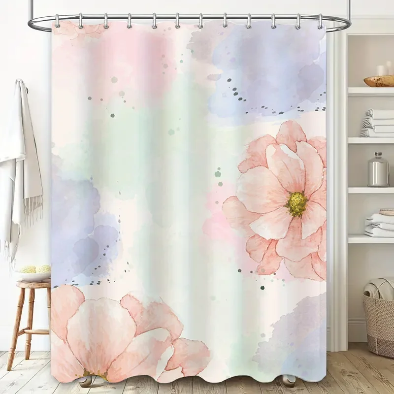 

Акварельная цветочная занавеска для душа, розовая, белая, зеленая, пастельная декоративная подвесная водонепроницаемая занавеска для ванной комнаты с кольцами (L)
