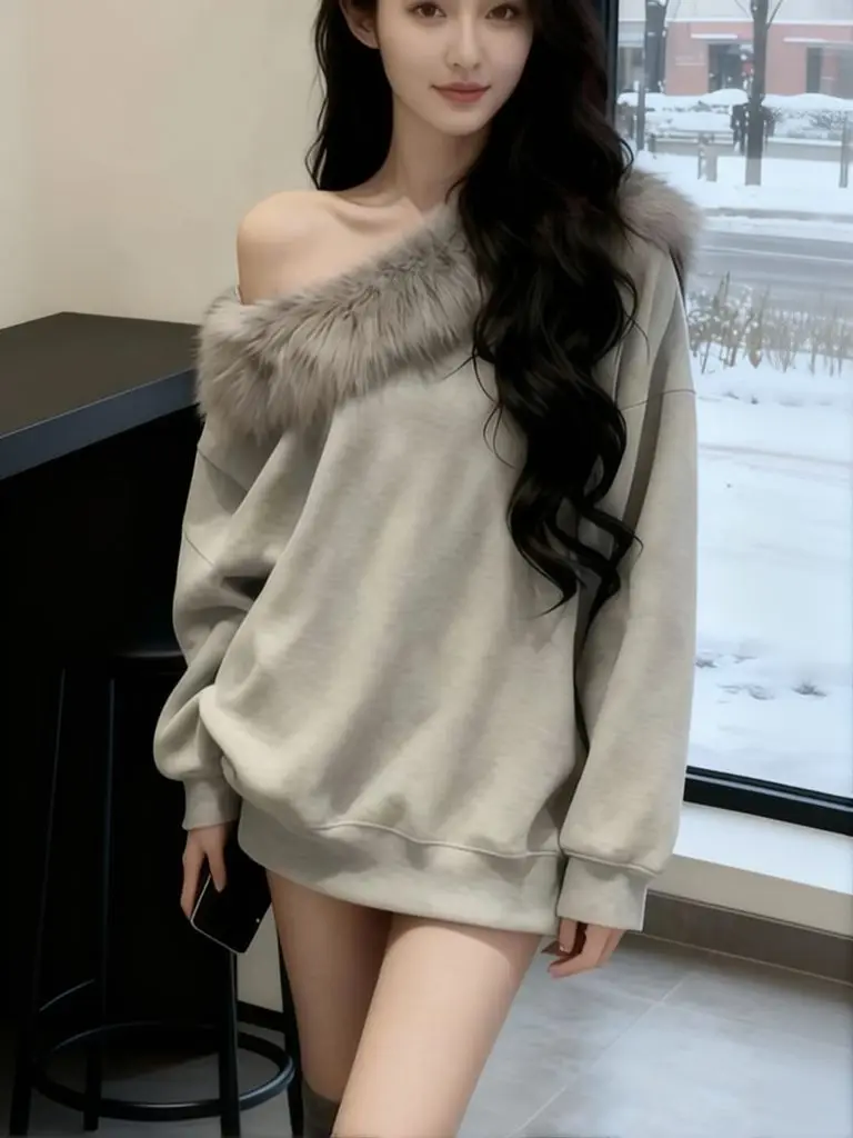 Flux Fur Off Shoulder Oversized T Shirt Women's Gary Sweat Top Long Sleeve One Shoulder Sexy Boat Neck Basic Tees