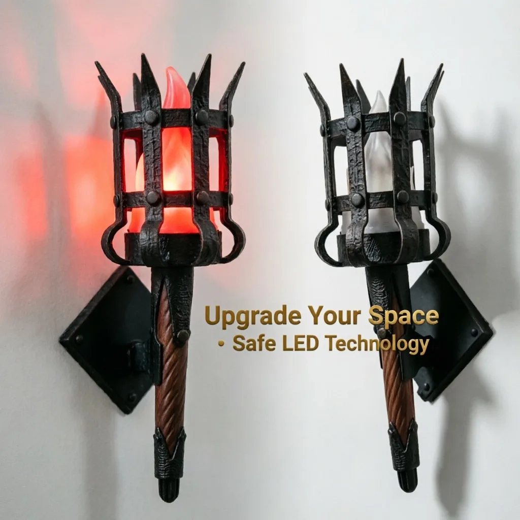 3D Printed Medieval LED Wall Torch Lamp, Gothic Cresset Sconce Flame Light Castle Bar Garden, Porch Party Home Room Decoration