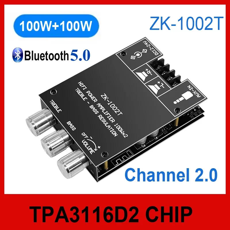 ZK-1002T Bluetooth Audio Amplifier Board HIFI 2.0 Channel 100Wx2 TPA3116 BT5.0 Adjustment Subwoofer Amplifier Board For Home Car