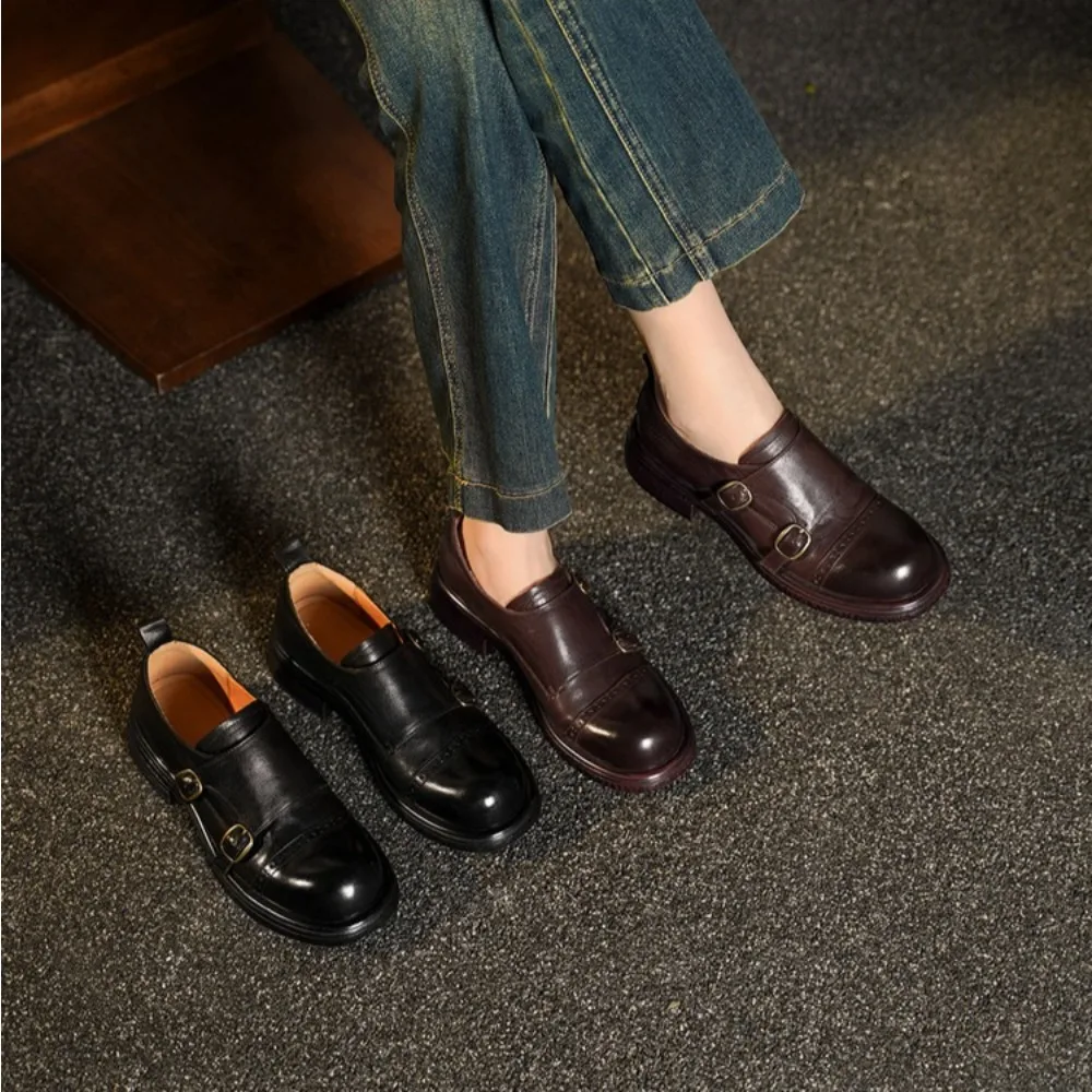 2026 New Spring Women's Loafers Slip on Round Toe Low Heel Belt Buckle for Work & Home