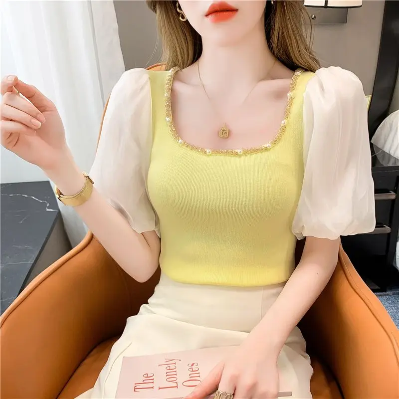 

Sweet Square Collar Beading Puff Sleeve Blouse 2025 Summer New Chic Pullovers Tops Fake Two Pieces Office Lady Shirt