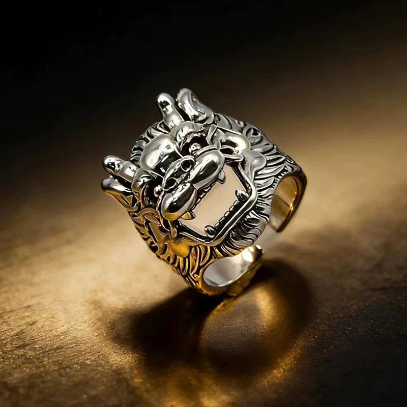 Personality Thai Silver Qilin Men's Ring Retro Trendy Majestic Dragon Head Index Finger Ring Boy Friend Gift KOFSAC