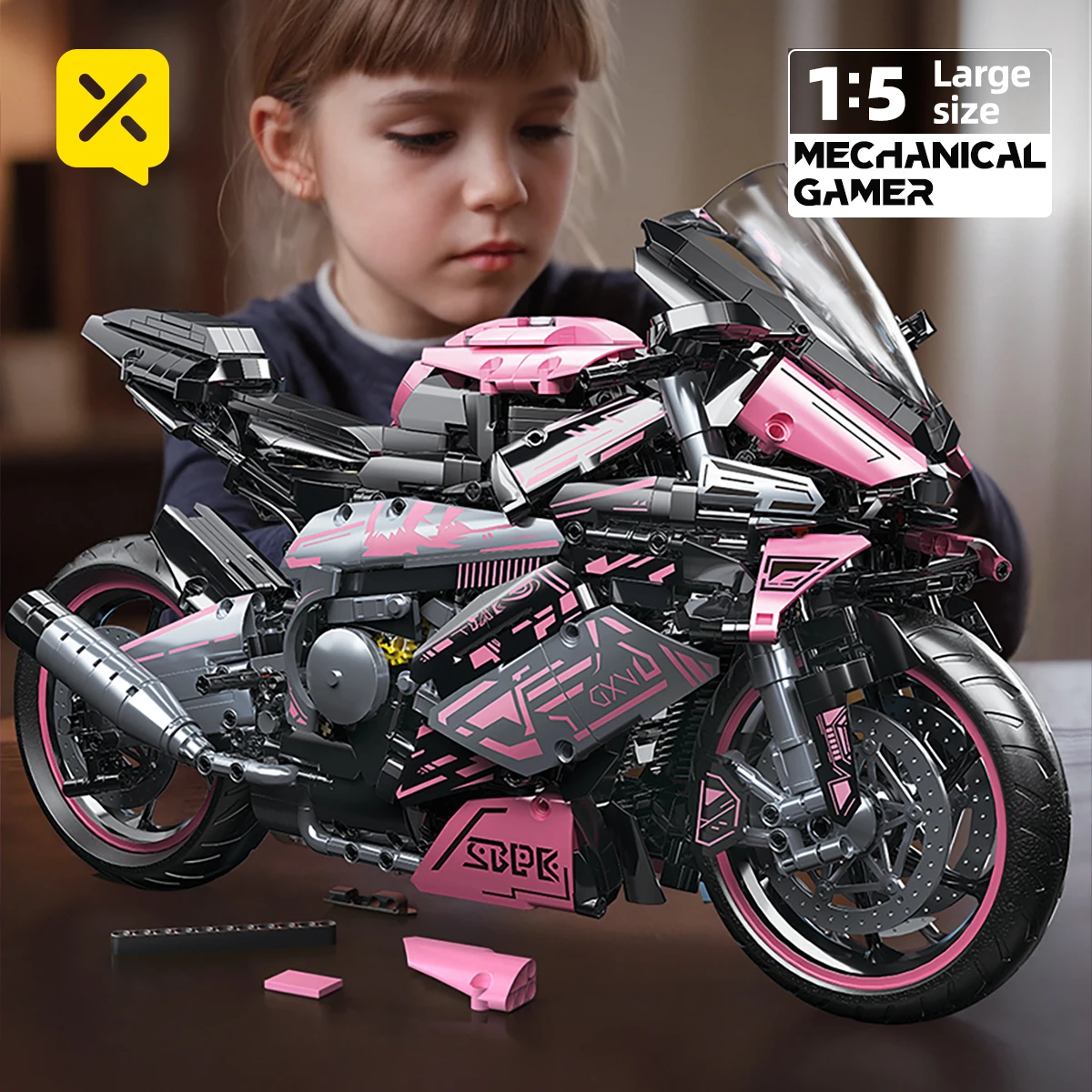 1:5 Scale Pink Motorcycle Building Blocks 2062PCS DIY Racing Bike Model Toy Children's and Adult Assembly Toy Set