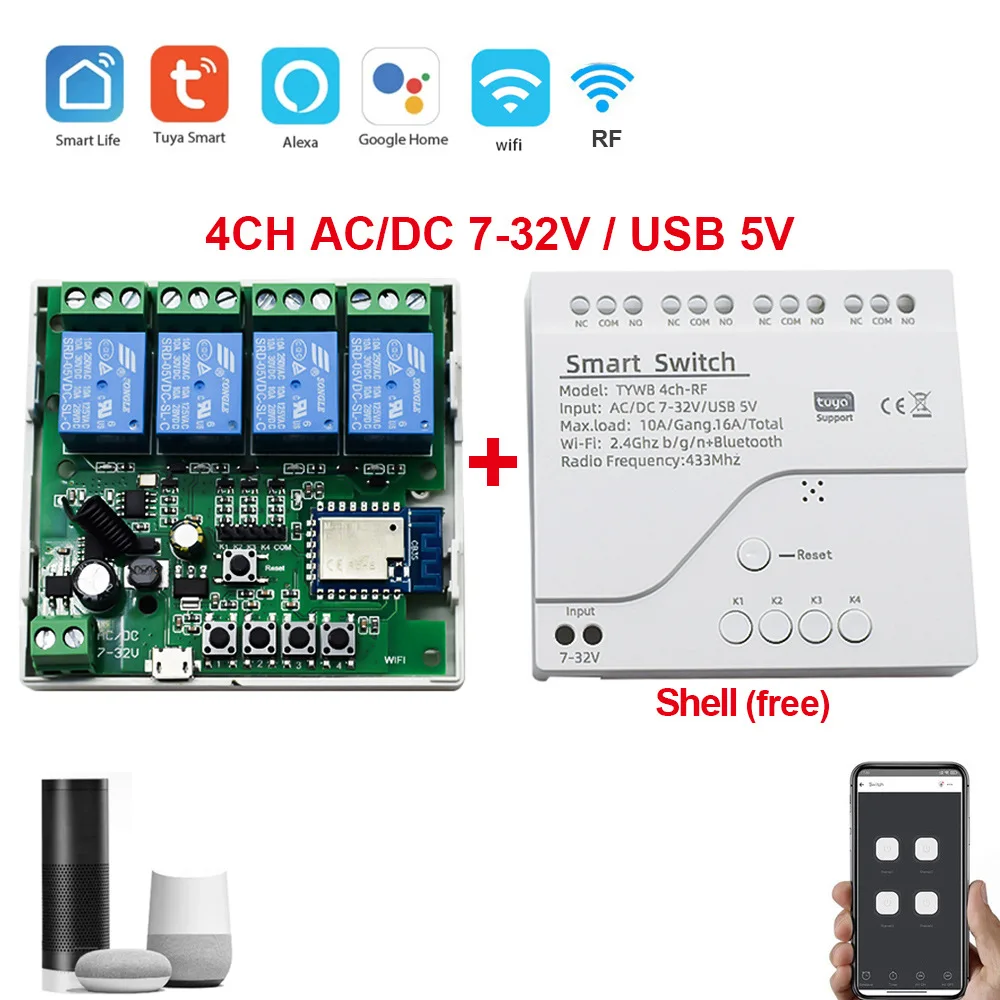 4CH RF Smart Switch 85-250V 220V AC WIFI Tuya Remote Control 433 Light Switch 10A Relay Self-locking Interlock Inching